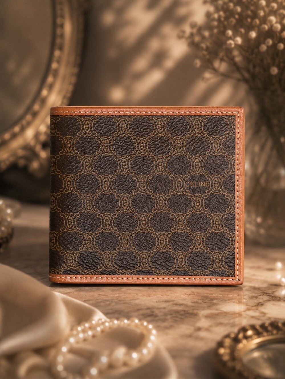 Authentic Vintage Celine Macadam Triomphe Bifold Wallet Brown Tan w/ Entrupy COA